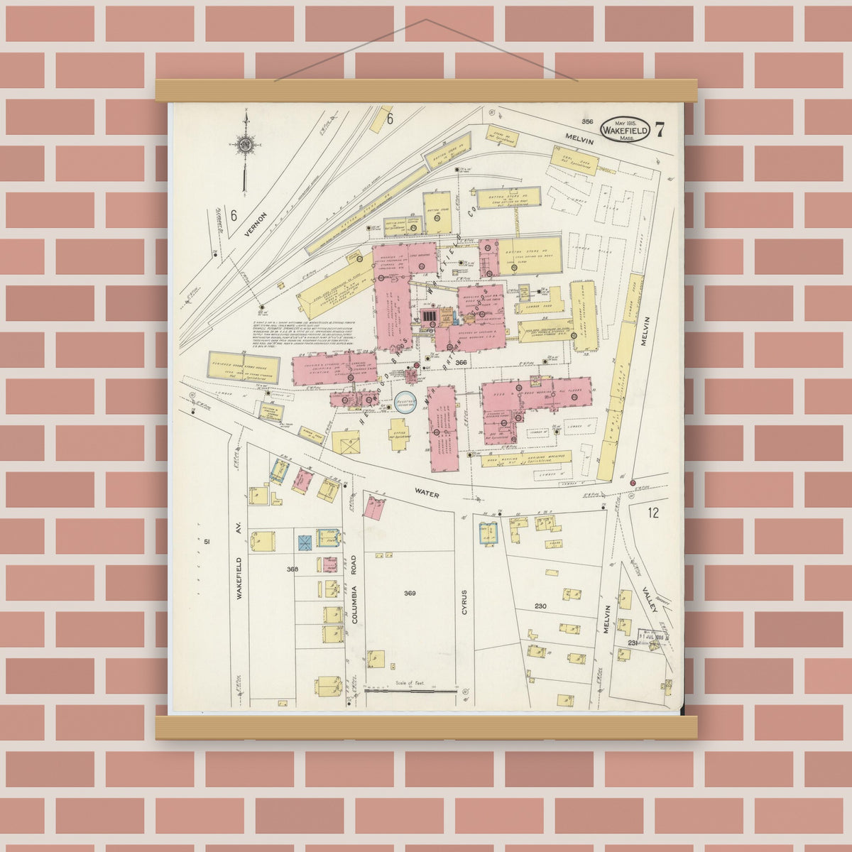 Old map wall art mockup — magnetic wood frame on brick wall — Sanborn Fire Insurance Map from Wakefield, Middlesex County, Massachusetts (1915), Sheet #0007