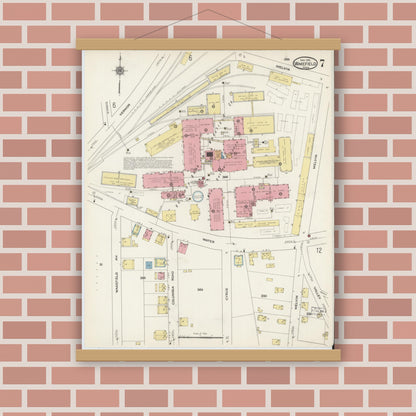 Old map wall art mockup — magnetic wood frame on brick wall — Sanborn Fire Insurance Map from Wakefield, Middlesex County, Massachusetts (1915), Sheet #0007