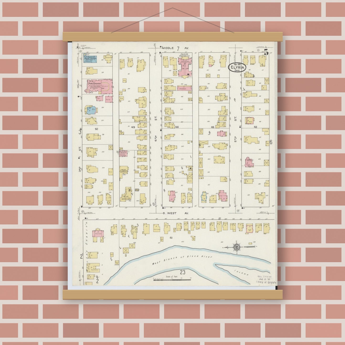 Old map wall art mockup — magnetic wood frame on brick wall — Sanborn Fire Insurance Map from Elyria, Lorain County, Ohio (1915), Sheet #0005