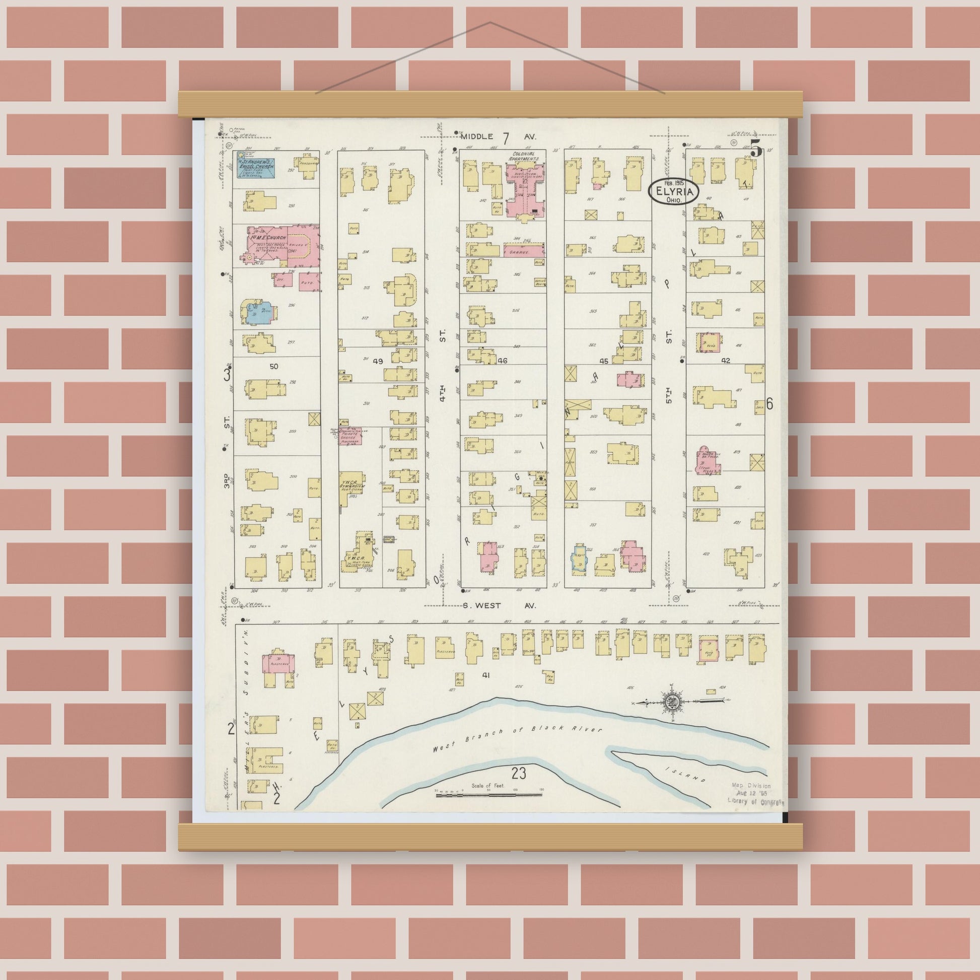 Old map wall art mockup — magnetic wood frame on brick wall — Sanborn Fire Insurance Map from Elyria, Lorain County, Ohio (1915), Sheet #0005