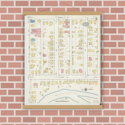 Old map wall art mockup — magnetic wood frame on brick wall — Sanborn Fire Insurance Map from Elyria, Lorain County, Ohio (1915), Sheet #0005
