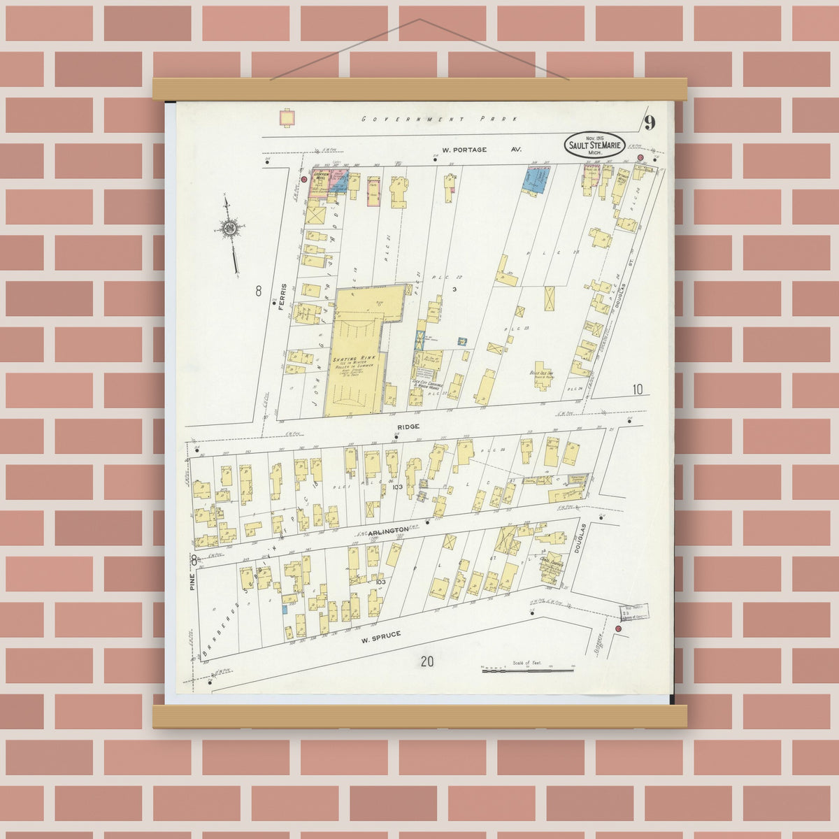 Old map wall art mockup — magnetic wood frame on brick wall — Sanborn Fire Insurance Map from Sault Sainte Marie, Chippewa County, Michigan (1915), Sheet #0009