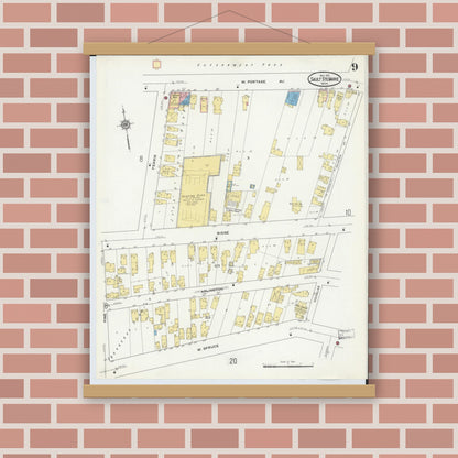 Old map wall art mockup — magnetic wood frame on brick wall — Sanborn Fire Insurance Map from Sault Sainte Marie, Chippewa County, Michigan (1915), Sheet #0009