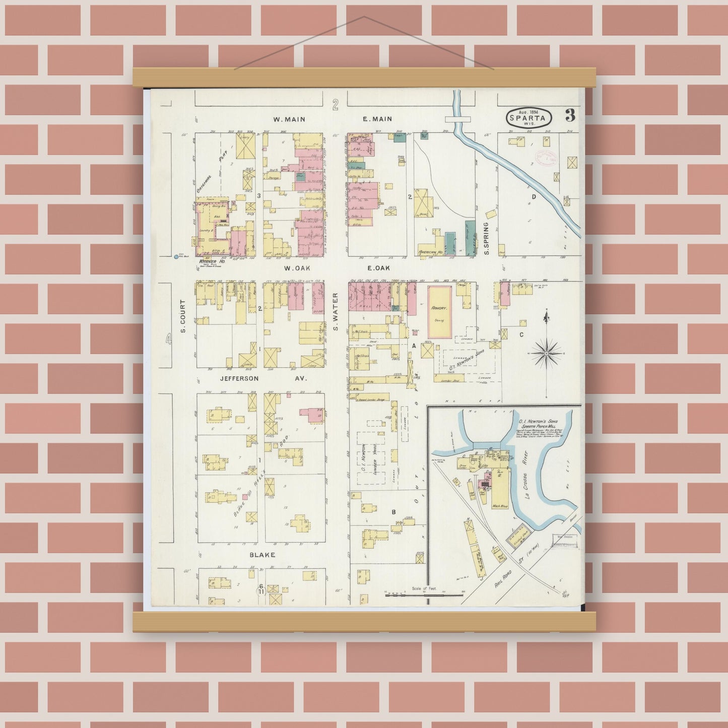 Old map wall art mockup — magnetic wood frame on brick wall — Sanborn Fire Insurance Map from Sparta, Monroe County, Wisconsin (1894), Sheet #0003