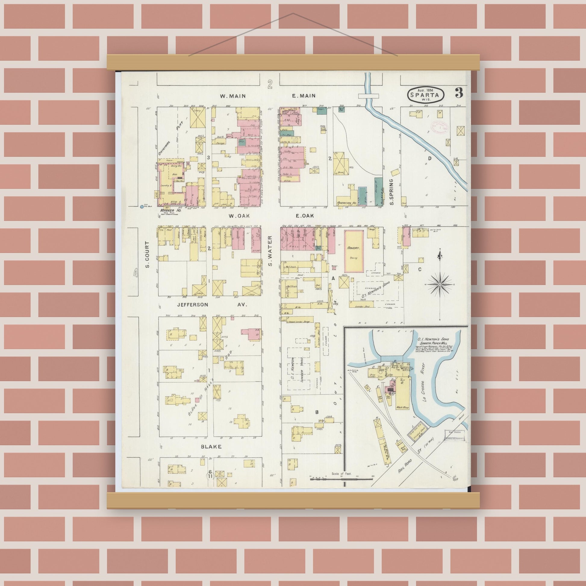Old map wall art mockup — magnetic wood frame on brick wall — Sanborn Fire Insurance Map from Sparta, Monroe County, Wisconsin (1894), Sheet #0003