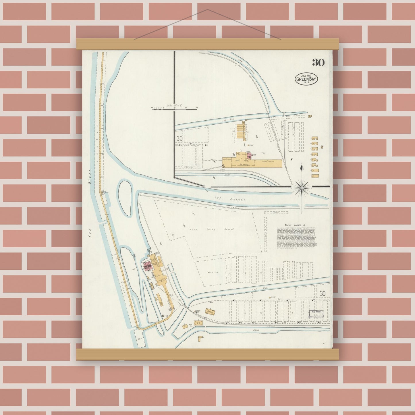 Old map wall art mockup — magnetic wood frame on brick wall — Sanborn Fire Insurance Map from Green Bay, Brown County, Wisconsin (1900), Sheet #0030
