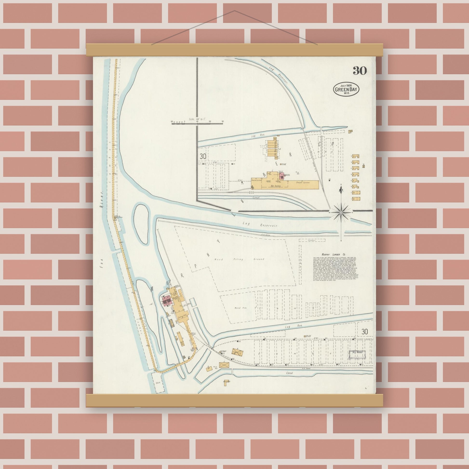 Old map wall art mockup — magnetic wood frame on brick wall — Sanborn Fire Insurance Map from Green Bay, Brown County, Wisconsin (1900), Sheet #0030