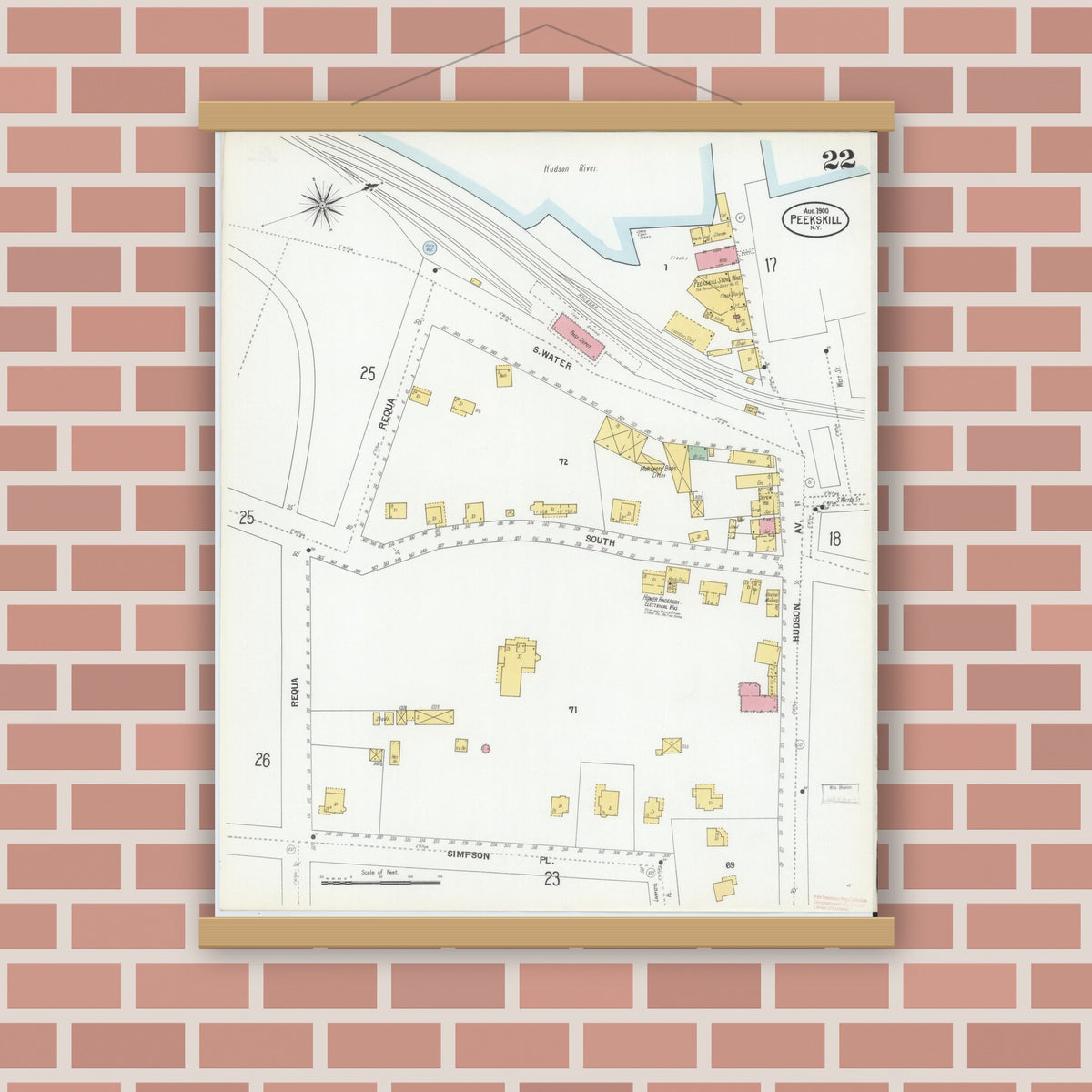 Old map wall art mockup — magnetic wood frame on brick wall — Sanborn Fire Insurance Map from Peekskill, Westchester County, New York (1900), Sheet #0022