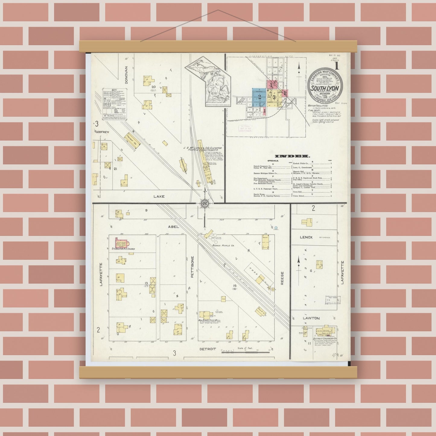 Old map wall art mockup — magnetic wood frame on brick wall — Sanborn Fire Insurance Map from South Lyon, Oakland County, Michigan (1913), Sheet #0001
