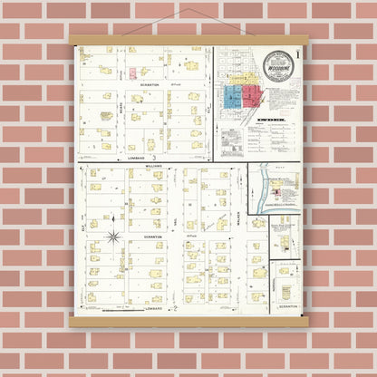 Old map wall art mockup — magnetic wood frame on brick wall — Sanborn Fire Insurance Map from Woodbine, Harrison County, Iowa (1908) â€” Complete Set