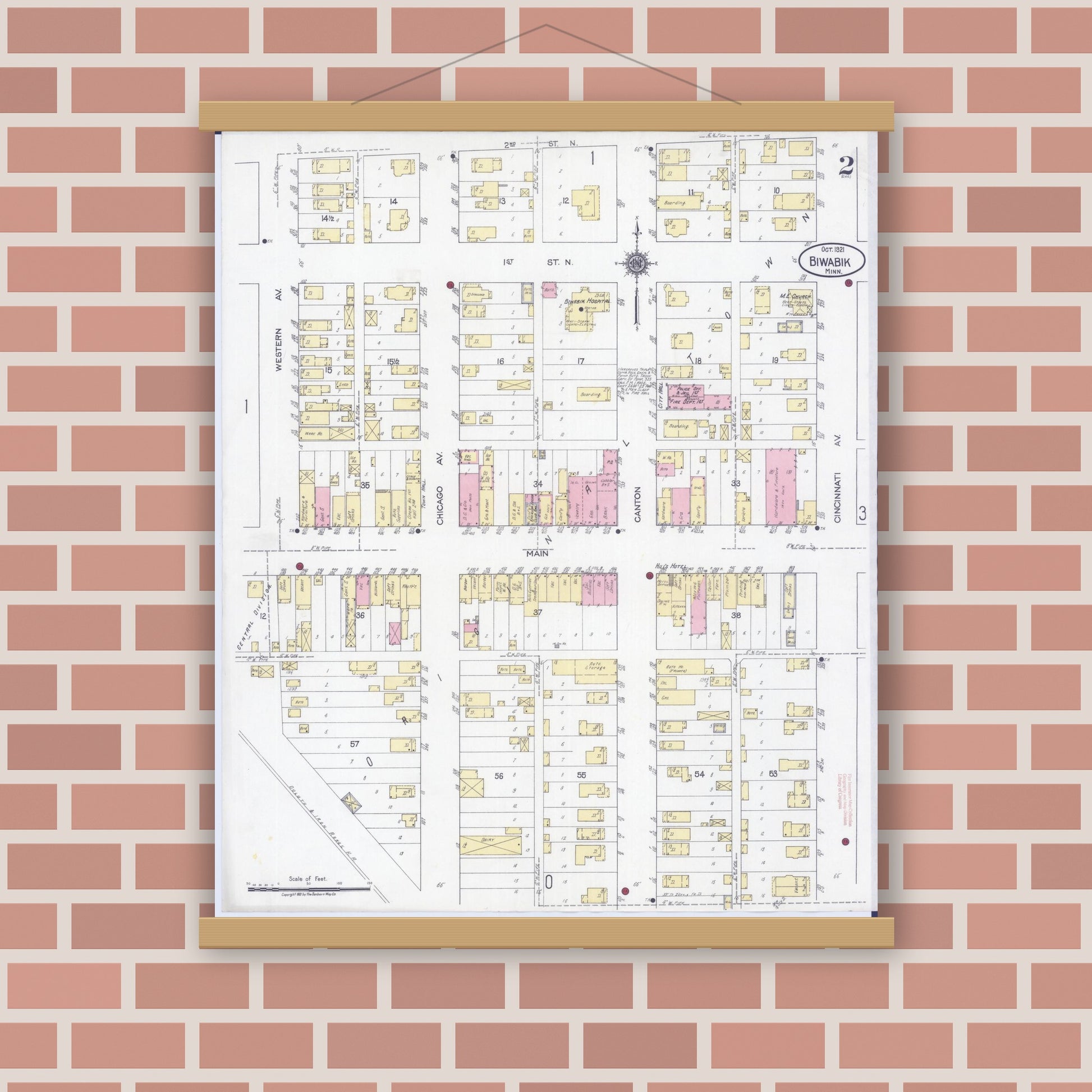 Old map wall art mockup — magnetic wood frame on brick wall — Sanborn Fire Insurance Map from Biwabik, Saint Louis County, Minnesota (1921), Sheet #0002