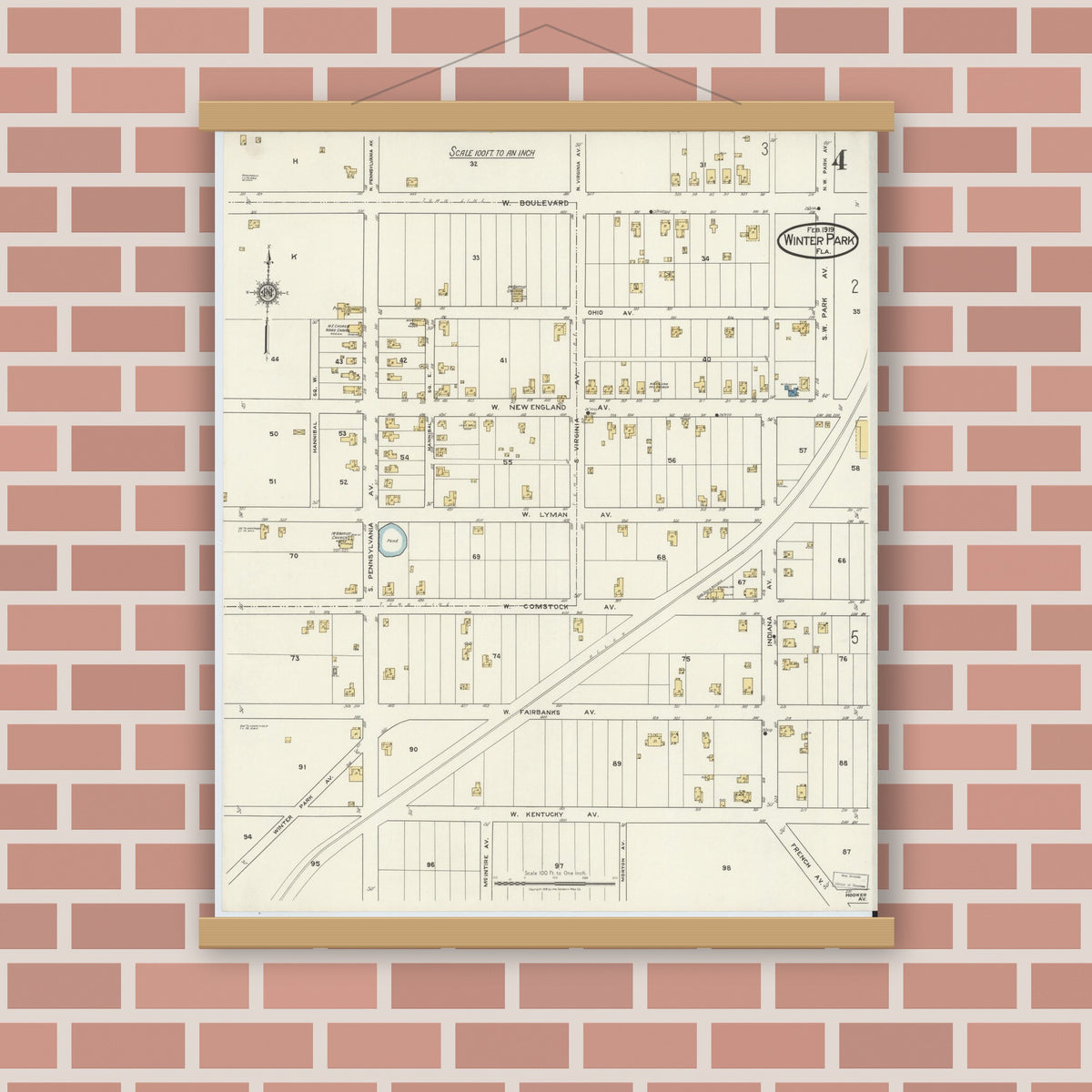 Old map wall art mockup — magnetic wood frame on brick wall — Sanborn Fire Insurance Map from Winter Park, Orange County, Florida (1919), Sheet #0004