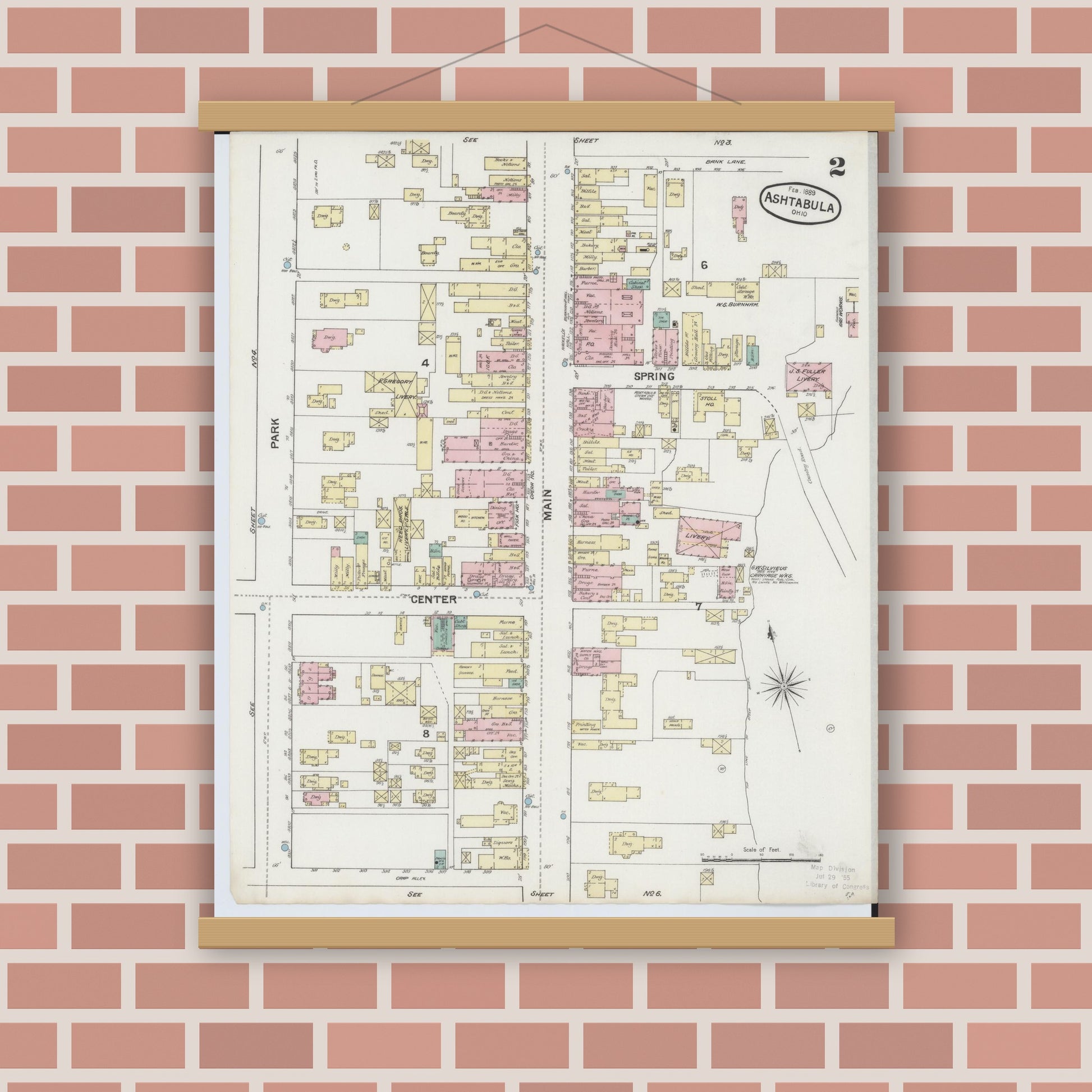 Old map wall art mockup — magnetic wood frame on brick wall — Sanborn Fire Insurance Map from Ashtabula, Ashtabula County, Ohio (1889), Sheet #0002