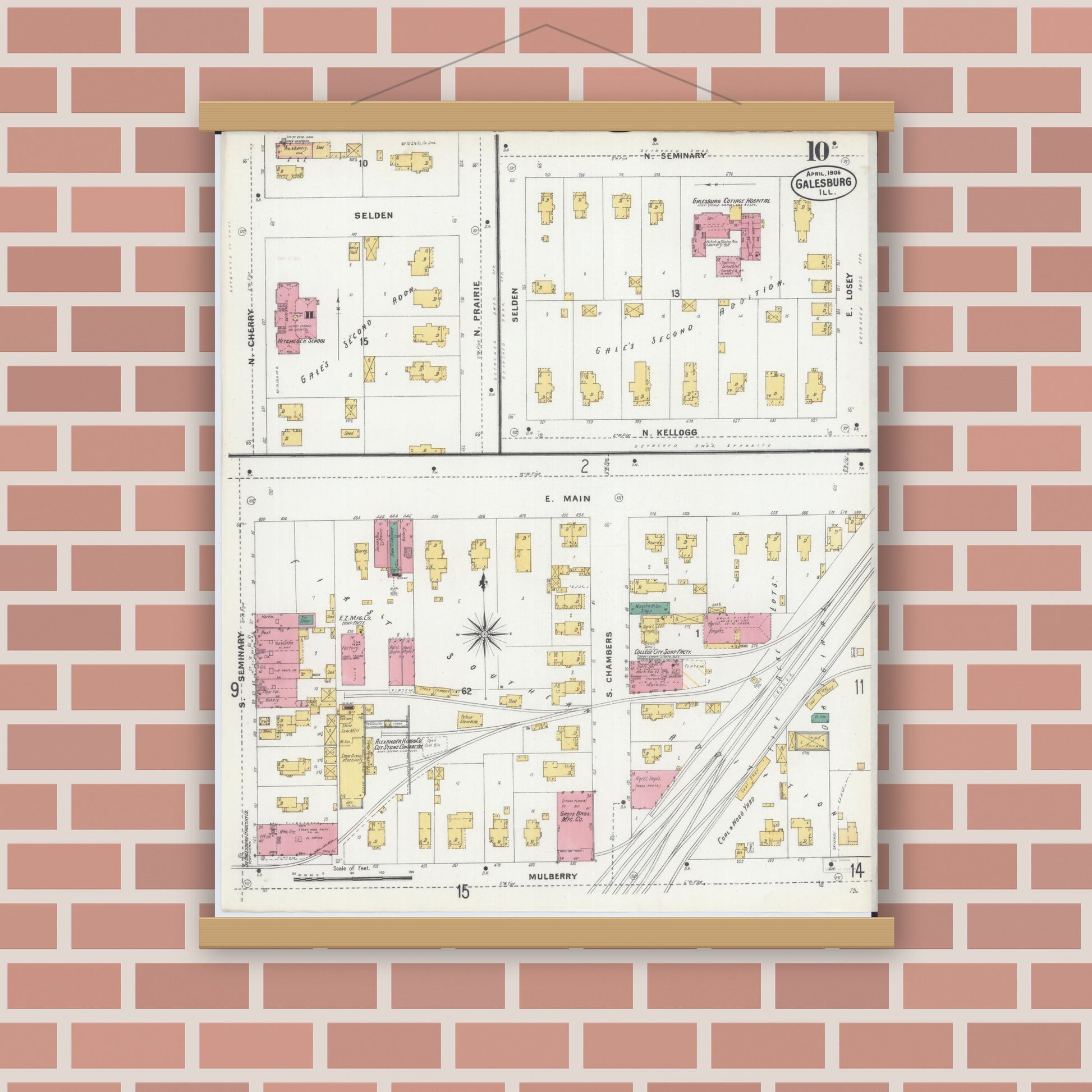 Old map wall art mockup — magnetic wood frame on brick wall — Sanborn Fire Insurance Map from Galesburg, Knox County, Illinois (1906), Sheet #0010