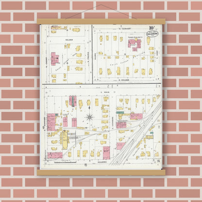 Old map wall art mockup — magnetic wood frame on brick wall — Sanborn Fire Insurance Map from Galesburg, Knox County, Illinois (1906), Sheet #0010