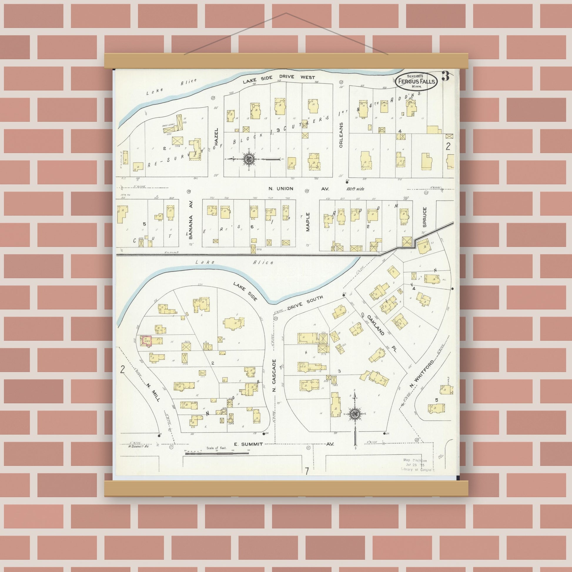Old map wall art mockup — magnetic wood frame on brick wall — Sanborn Fire Insurance Map from Fergus Falls, Otter Tail County, Minnesota (1909), Sheet #0003