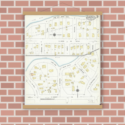 Old map wall art mockup — magnetic wood frame on brick wall — Sanborn Fire Insurance Map from Fergus Falls, Otter Tail County, Minnesota (1909), Sheet #0003
