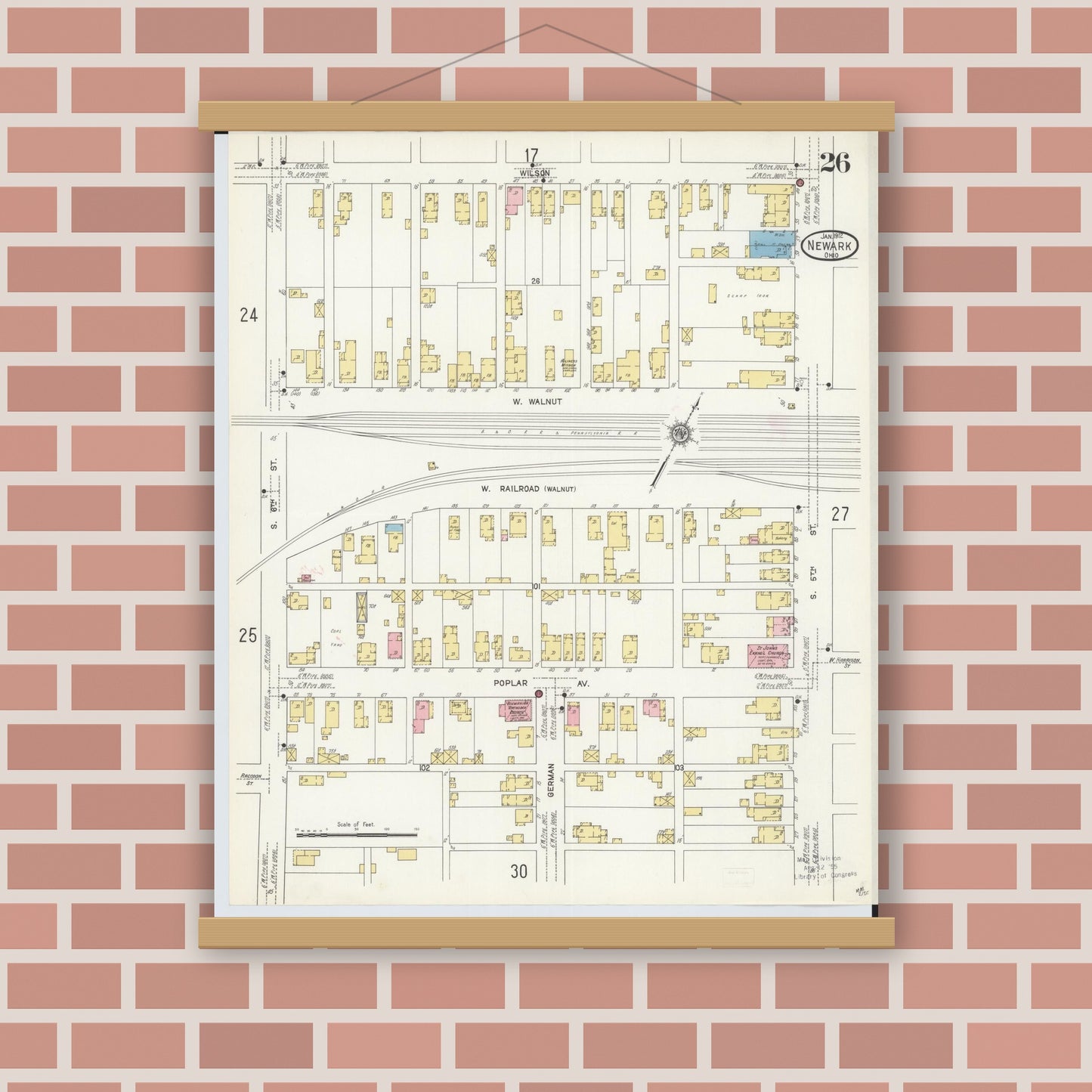 Old map wall art mockup — magnetic wood frame on brick wall — Sanborn Fire Insurance Map from Newark, Licking County, Ohio (1912), Sheet #0026