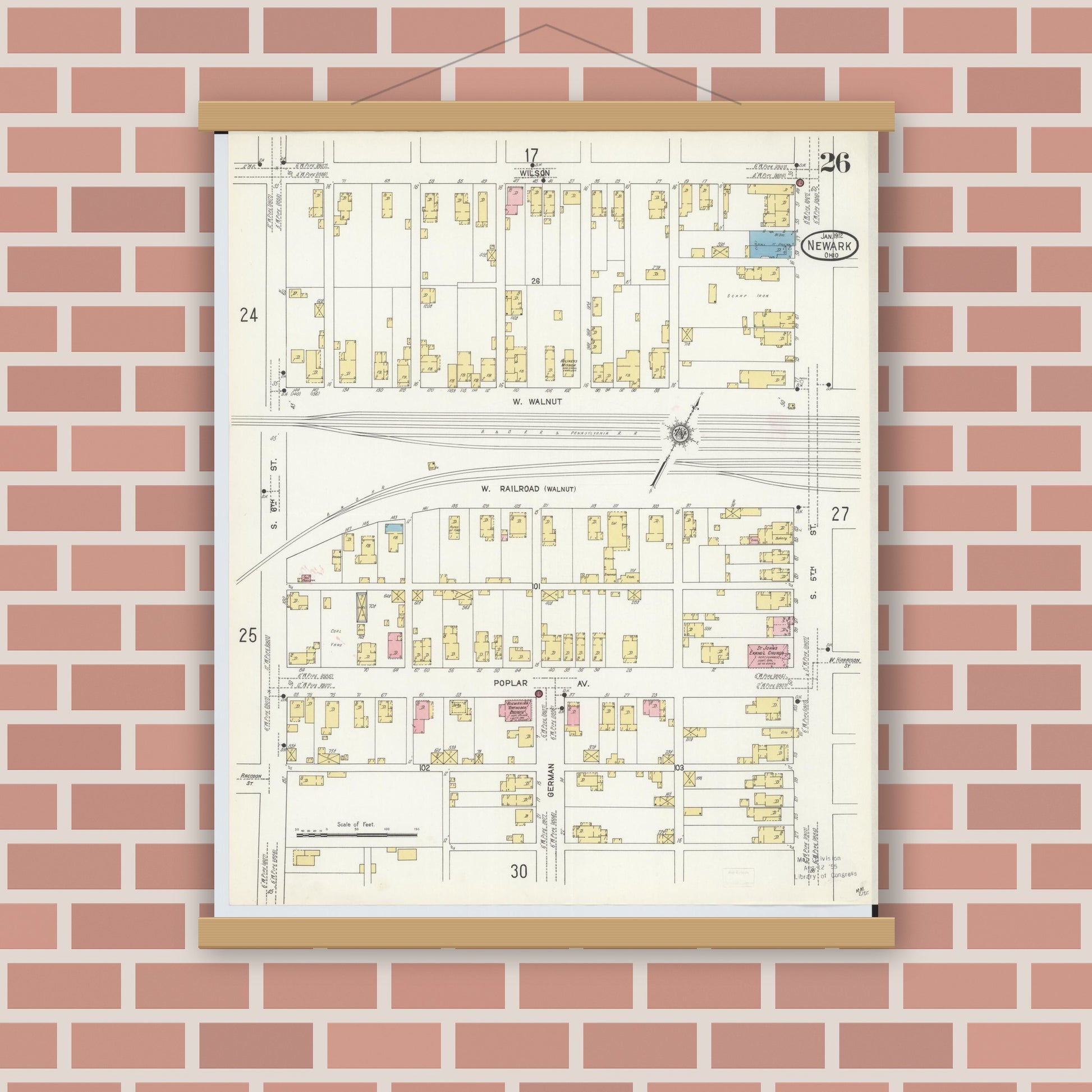 Old map wall art mockup — magnetic wood frame on brick wall — Sanborn Fire Insurance Map from Newark, Licking County, Ohio (1912), Sheet #0026