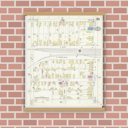 Old map wall art mockup — magnetic wood frame on brick wall — Sanborn Fire Insurance Map from Newark, Licking County, Ohio (1912), Sheet #0026