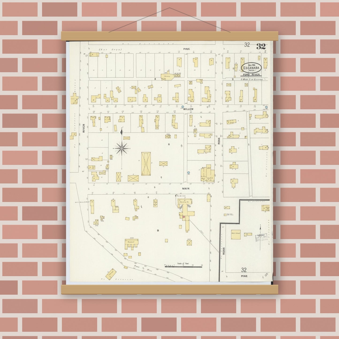 Old map wall art mockup — magnetic wood frame on brick wall — Sanborn Fire Insurance Map from Escanaba, Delta County, Michigan (1906), Sheet #0032