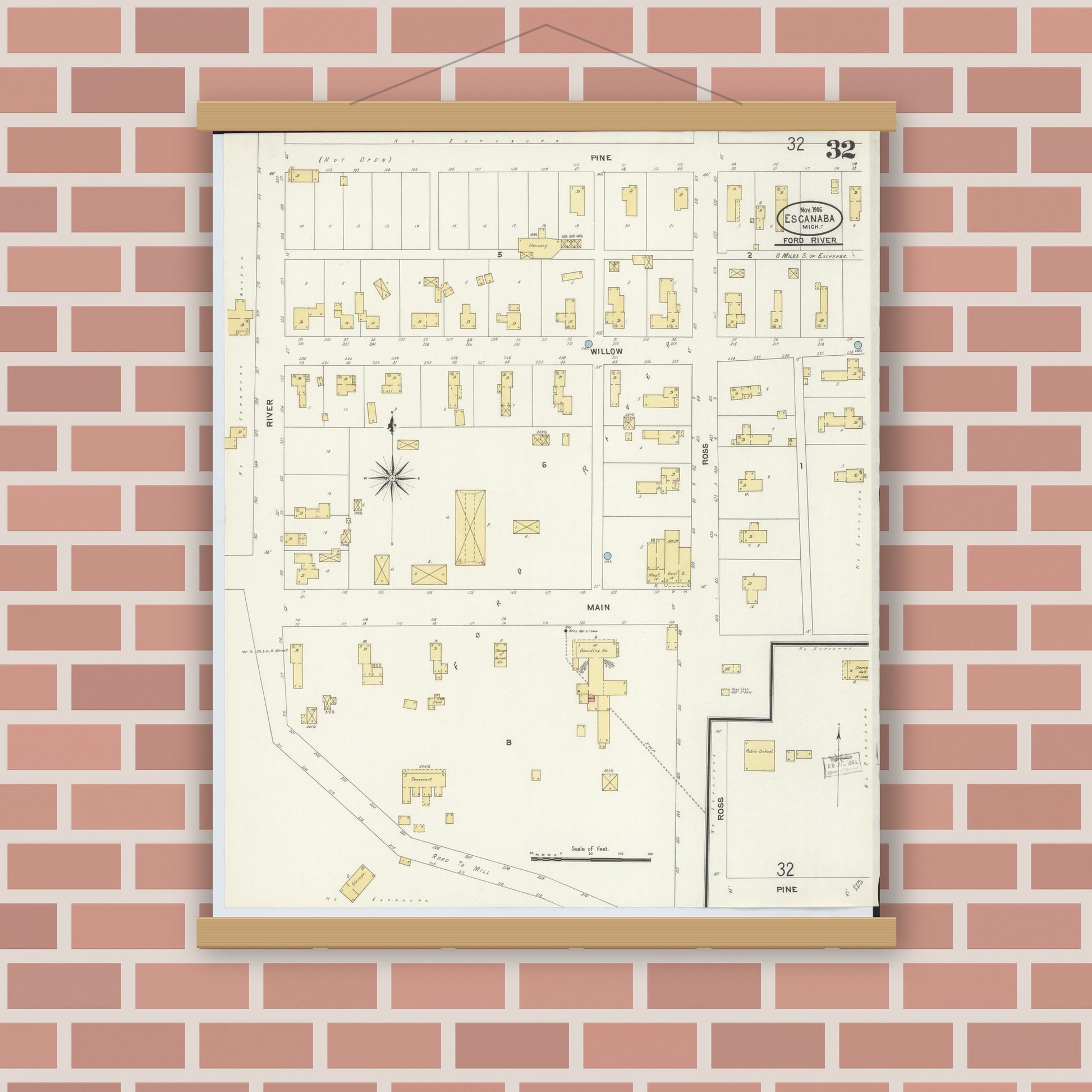 Old map wall art mockup — magnetic wood frame on brick wall — Sanborn Fire Insurance Map from Escanaba, Delta County, Michigan (1906), Sheet #0032
