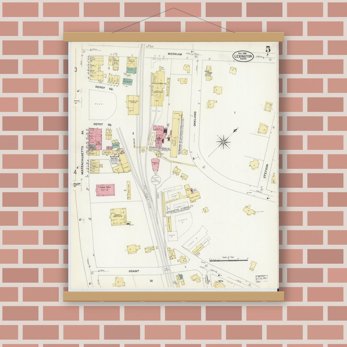 Old map wall art mockup — magnetic wood frame on brick wall — Sanborn Fire Insurance Map from Lexington, Middlesex County, Massachusetts (1908), Sheet #0005