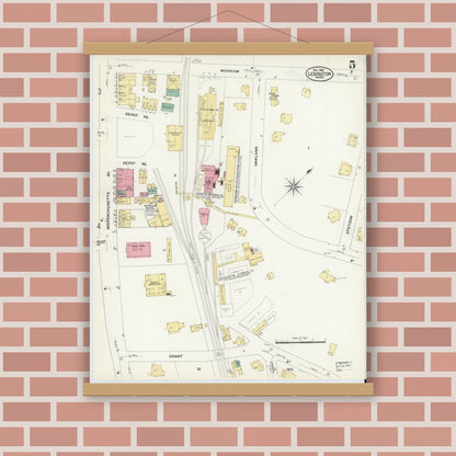 Old map wall art mockup — magnetic wood frame on brick wall — Sanborn Fire Insurance Map from Lexington, Middlesex County, Massachusetts (1908), Sheet #0005