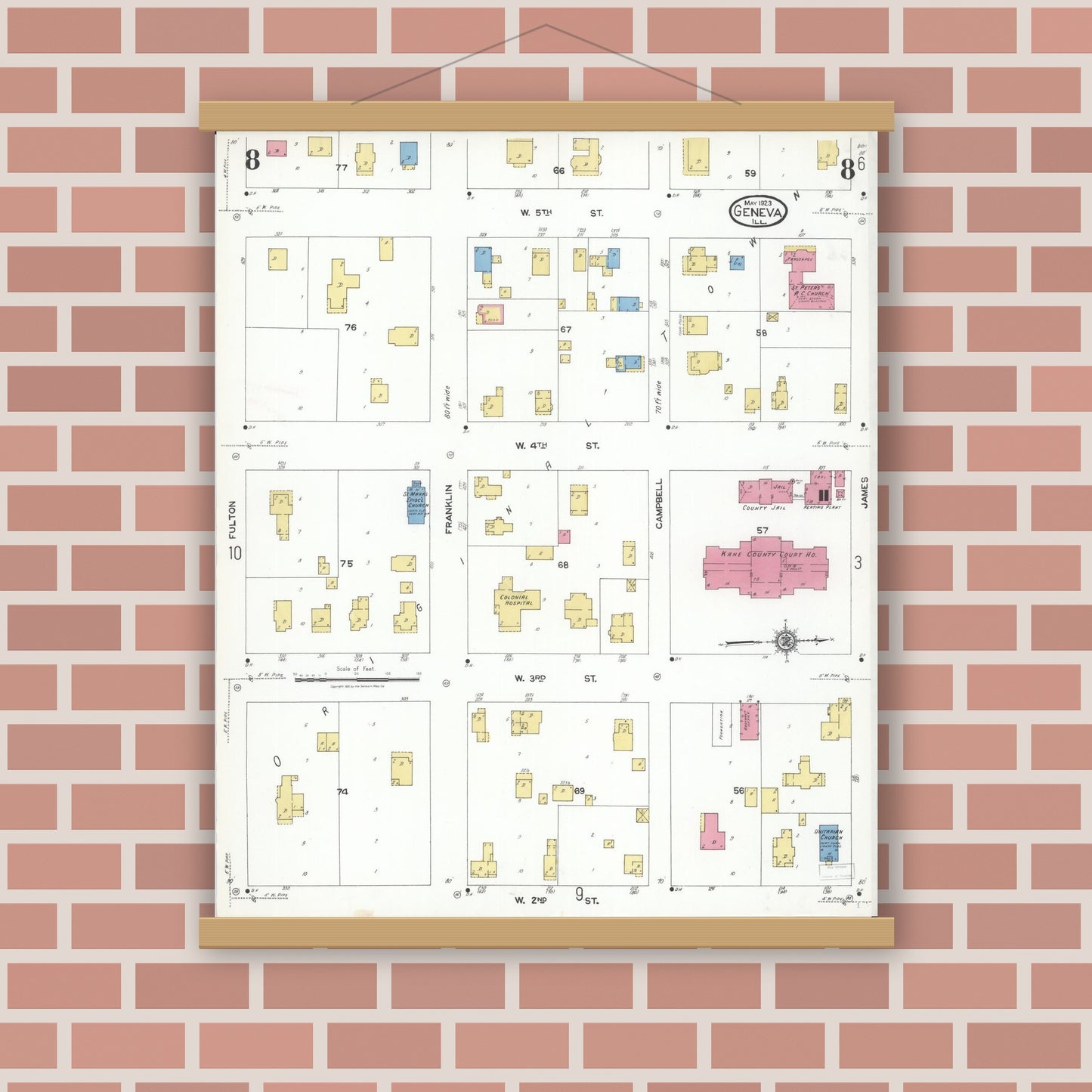 Old map wall art mockup — magnetic wood frame on brick wall — Sanborn Fire Insurance Map from Geneva, Kane County, Illinois (1923), Sheet #0008
