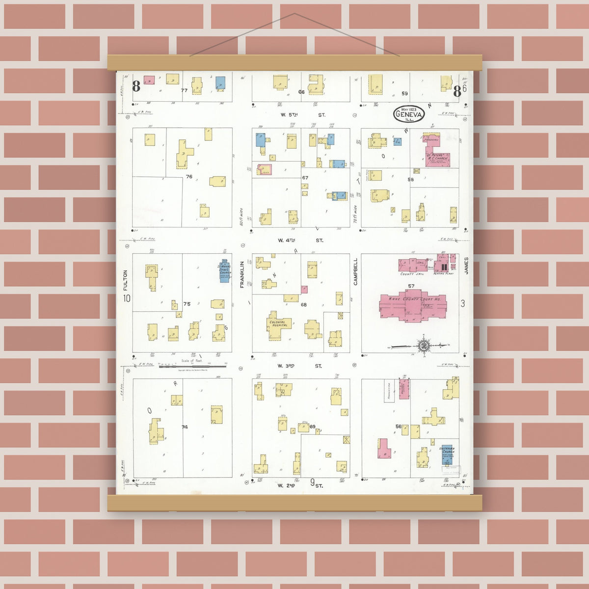 Old map wall art mockup — magnetic wood frame on brick wall — Sanborn Fire Insurance Map from Geneva, Kane County, Illinois (1923), Sheet #0008