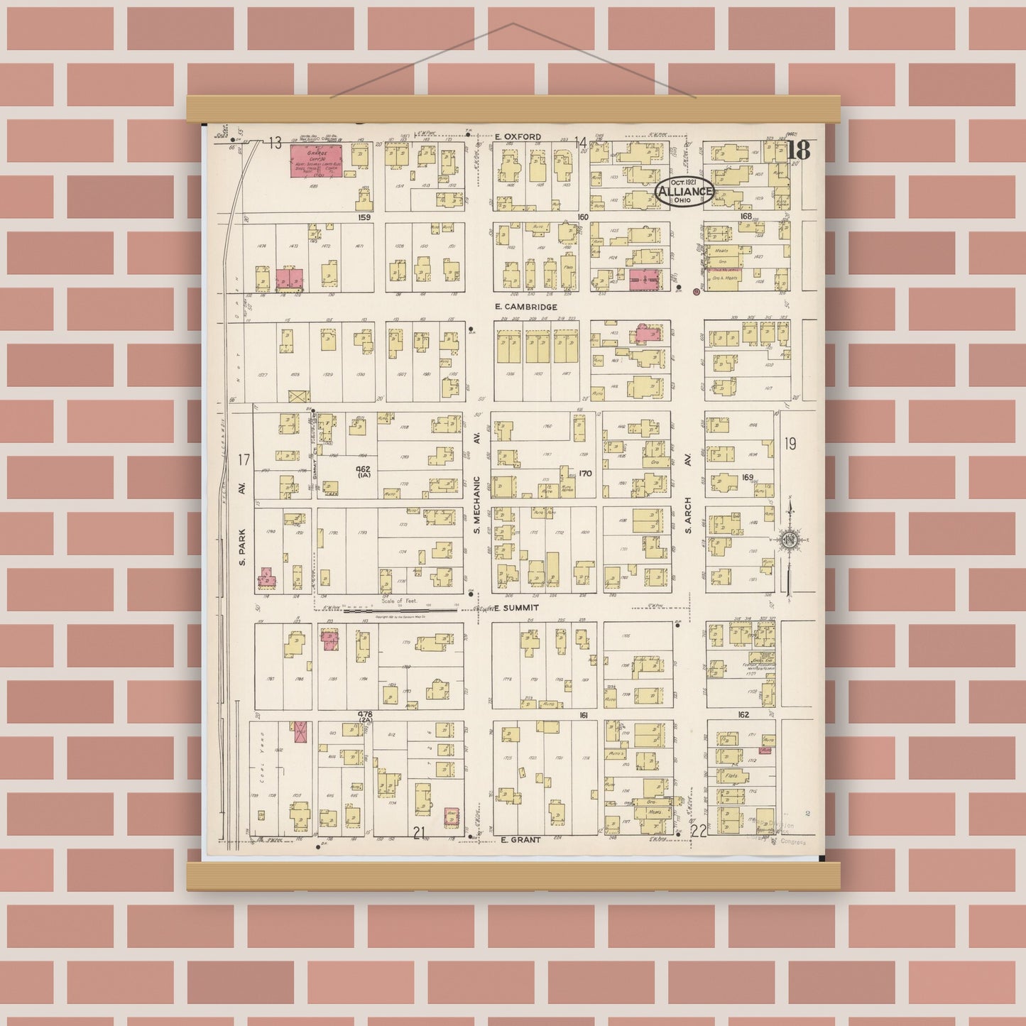 Old map wall art mockup — magnetic wood frame on brick wall — Sanborn Fire Insurance Map from Alliance, Stark County, Ohio (1921), Sheet #0018