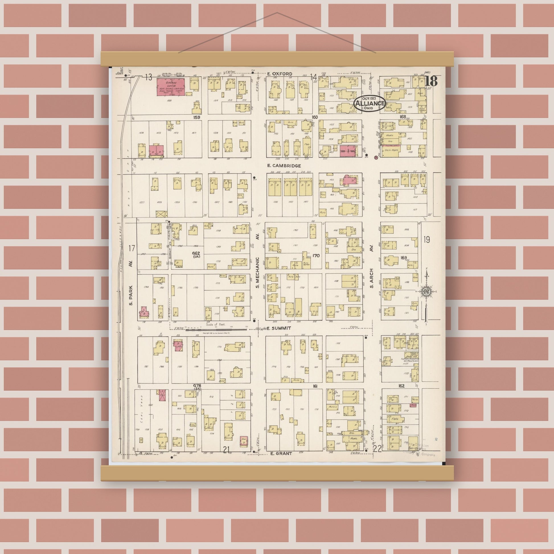 Old map wall art mockup — magnetic wood frame on brick wall — Sanborn Fire Insurance Map from Alliance, Stark County, Ohio (1921), Sheet #0018