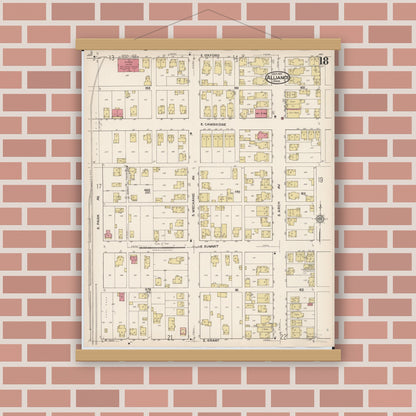 Old map wall art mockup — magnetic wood frame on brick wall — Sanborn Fire Insurance Map from Alliance, Stark County, Ohio (1921), Sheet #0018