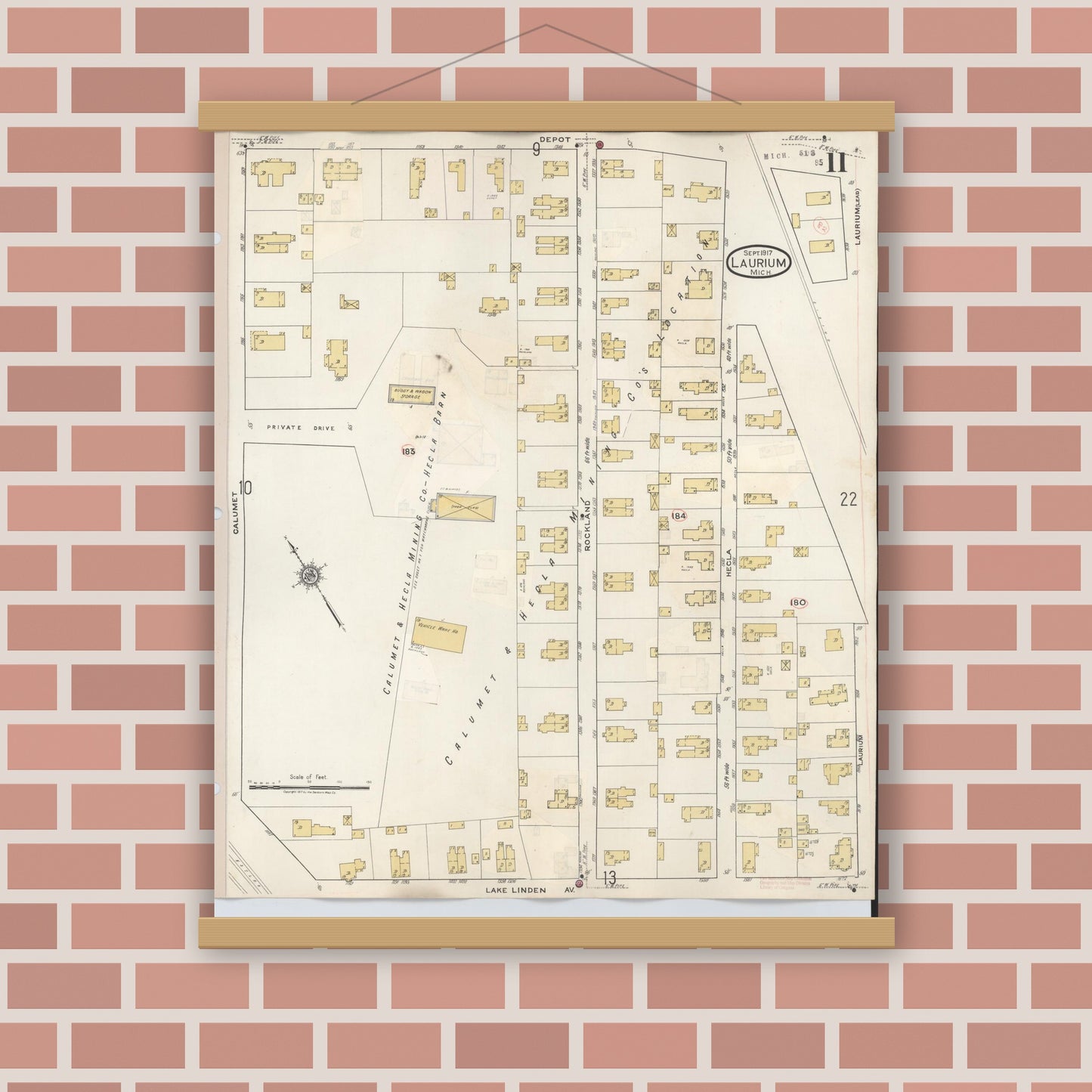 Old map wall art mockup — magnetic wood frame on brick wall — Sanborn Fire Insurance Map from Laurium, Houghton County, Michigan (1949), Sheet #0011