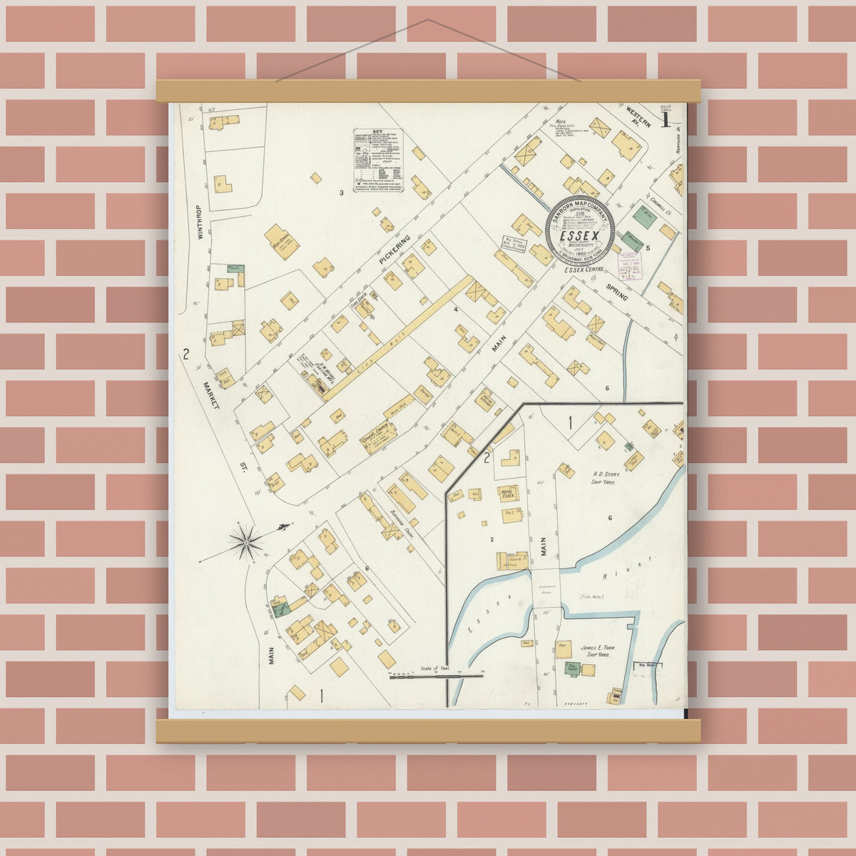 Old map wall art mockup — magnetic wood frame on brick wall — Sanborn Fire Insurance Map from Essex, Essex County, Massachusetts (1903), Sheet #0001