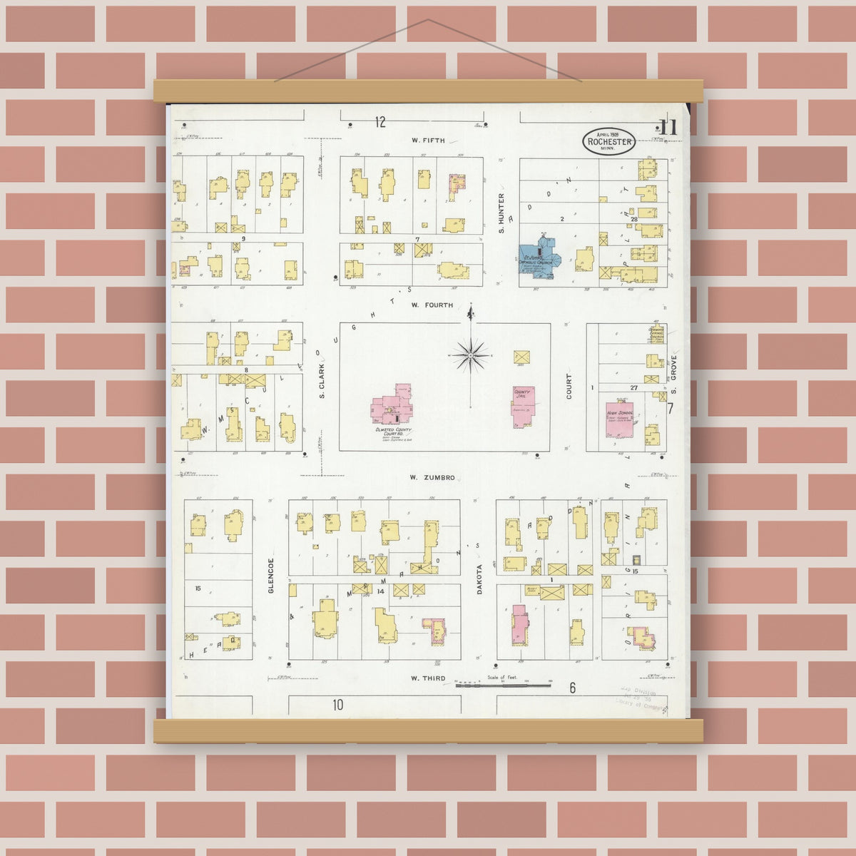 Old map wall art mockup — magnetic wood frame on brick wall — Sanborn Fire Insurance Map from Rochester, Olmsted County, Minnesota (1909), Sheet #0011