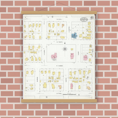 Old map wall art mockup — magnetic wood frame on brick wall — Sanborn Fire Insurance Map from Rochester, Olmsted County, Minnesota (1909), Sheet #0011