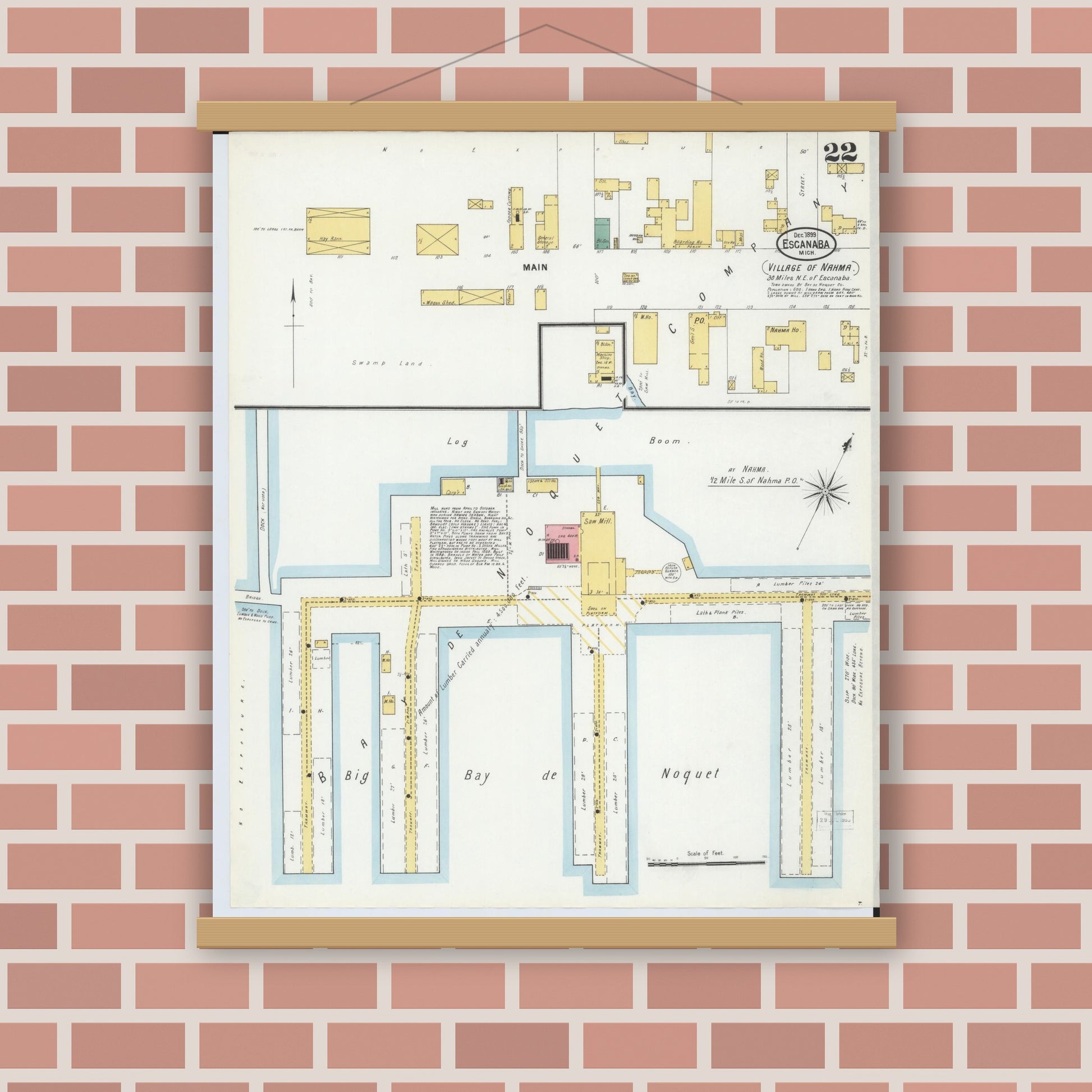 Old map wall art mockup — magnetic wood frame on brick wall — Sanborn Fire Insurance Map from Escanaba, Delta County, Michigan (1899), Sheet #0022