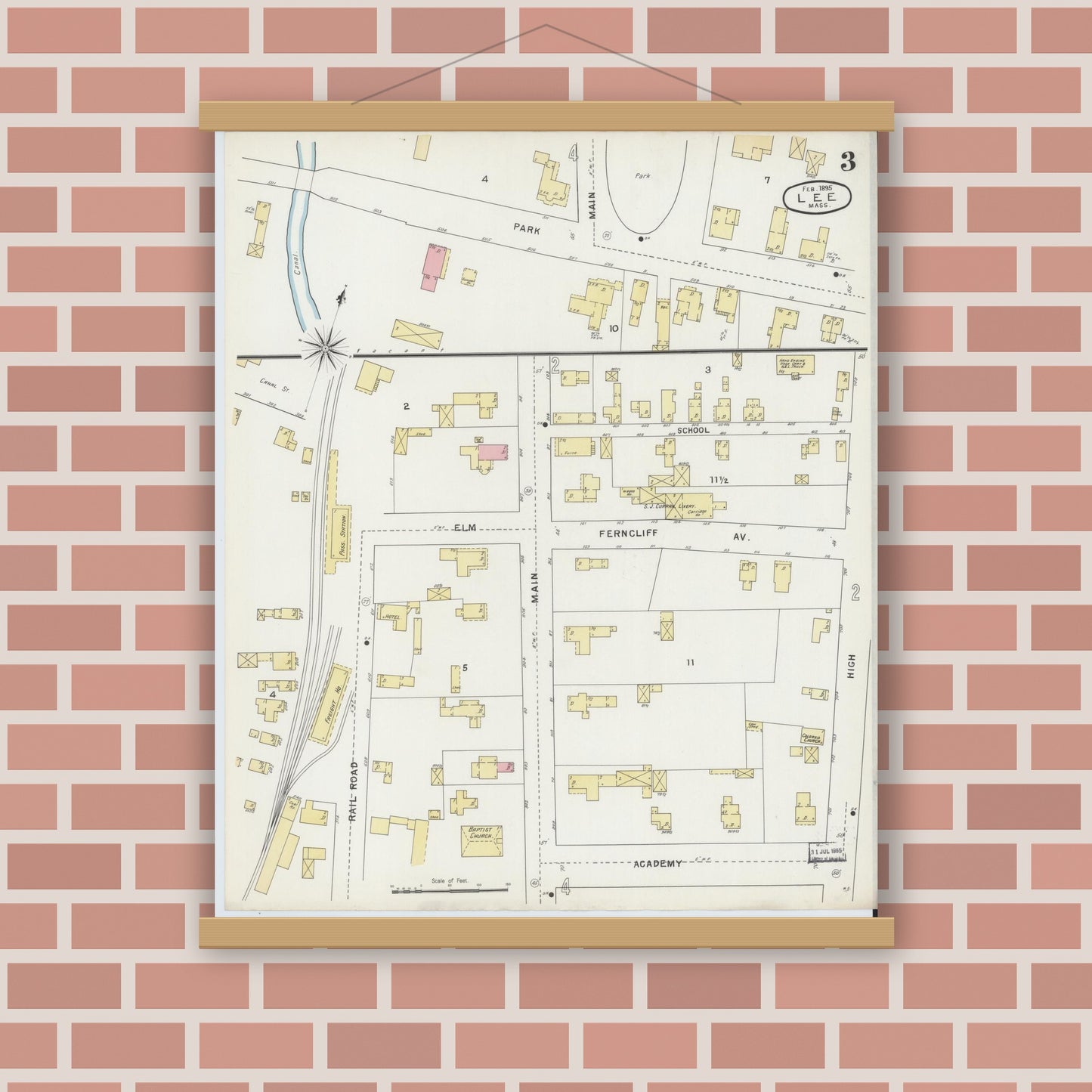 Old map wall art mockup — magnetic wood frame on brick wall — Sanborn Fire Insurance Map from Lee, Berkshire County, Massachusetts (1895), Sheet #0003