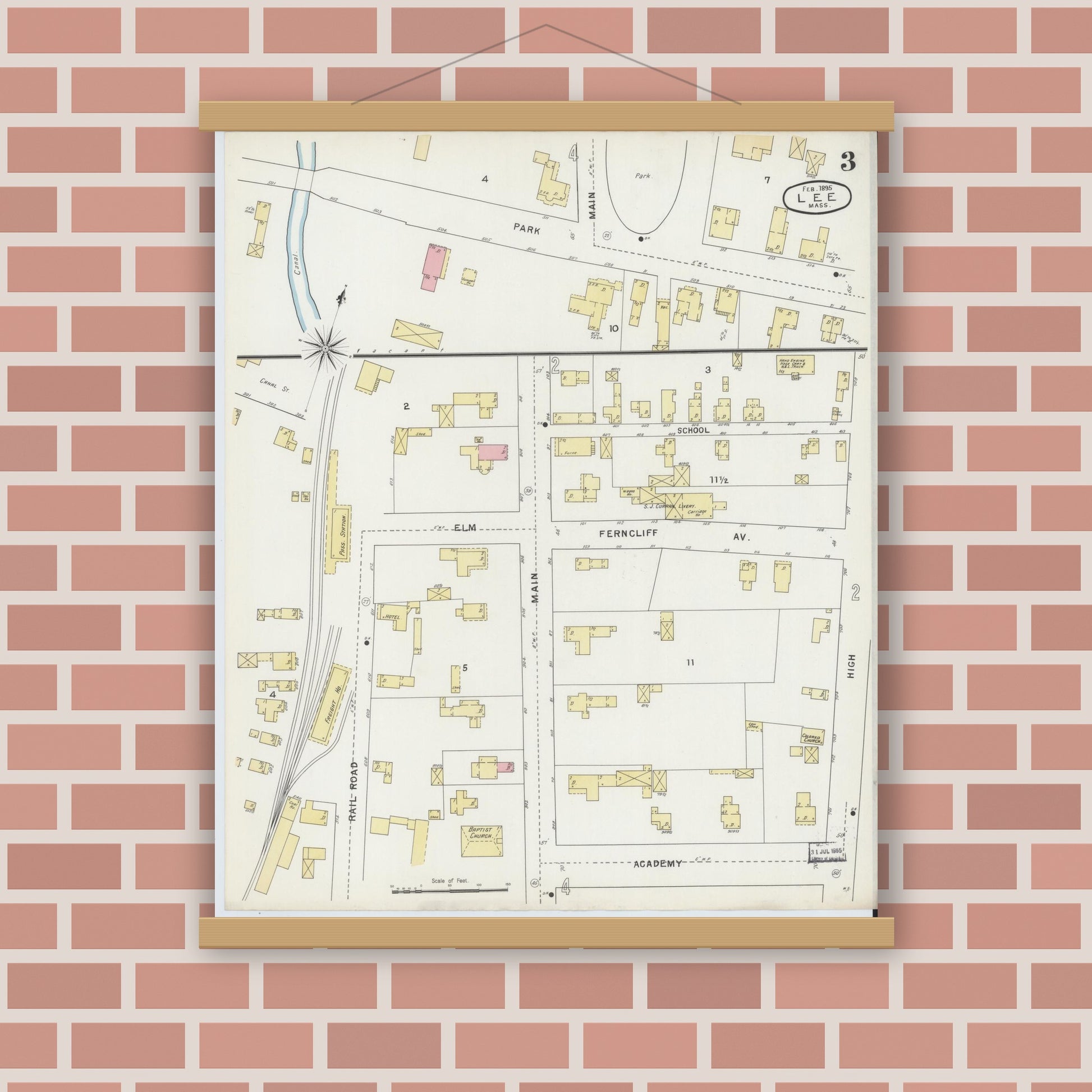 Old map wall art mockup — magnetic wood frame on brick wall — Sanborn Fire Insurance Map from Lee, Berkshire County, Massachusetts (1895), Sheet #0003