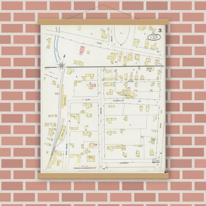 Old map wall art mockup — magnetic wood frame on brick wall — Sanborn Fire Insurance Map from Lee, Berkshire County, Massachusetts (1895), Sheet #0003