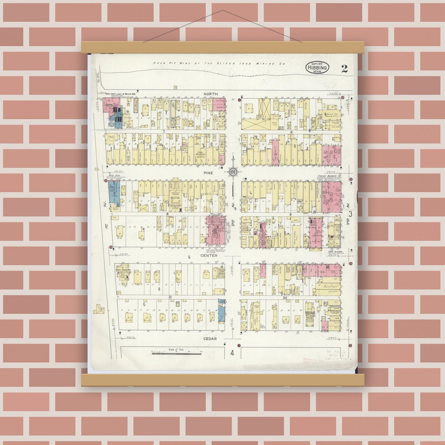 Old map wall art mockup — magnetic wood frame on brick wall — Sanborn Fire Insurance Map from Hibbing, Saint Louis County, Minnesota (1913), Sheet #0002