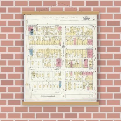 Old map wall art mockup — magnetic wood frame on brick wall — Sanborn Fire Insurance Map from Hibbing, Saint Louis County, Minnesota (1913), Sheet #0002