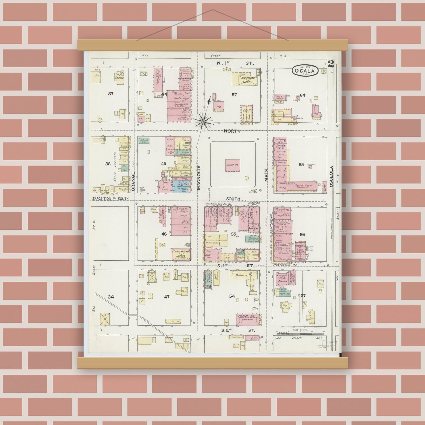 Old map wall art mockup — magnetic wood frame on brick wall — Sanborn Fire Insurance Map from Ocala, Marion County, Florida (1891), Sheet #0002