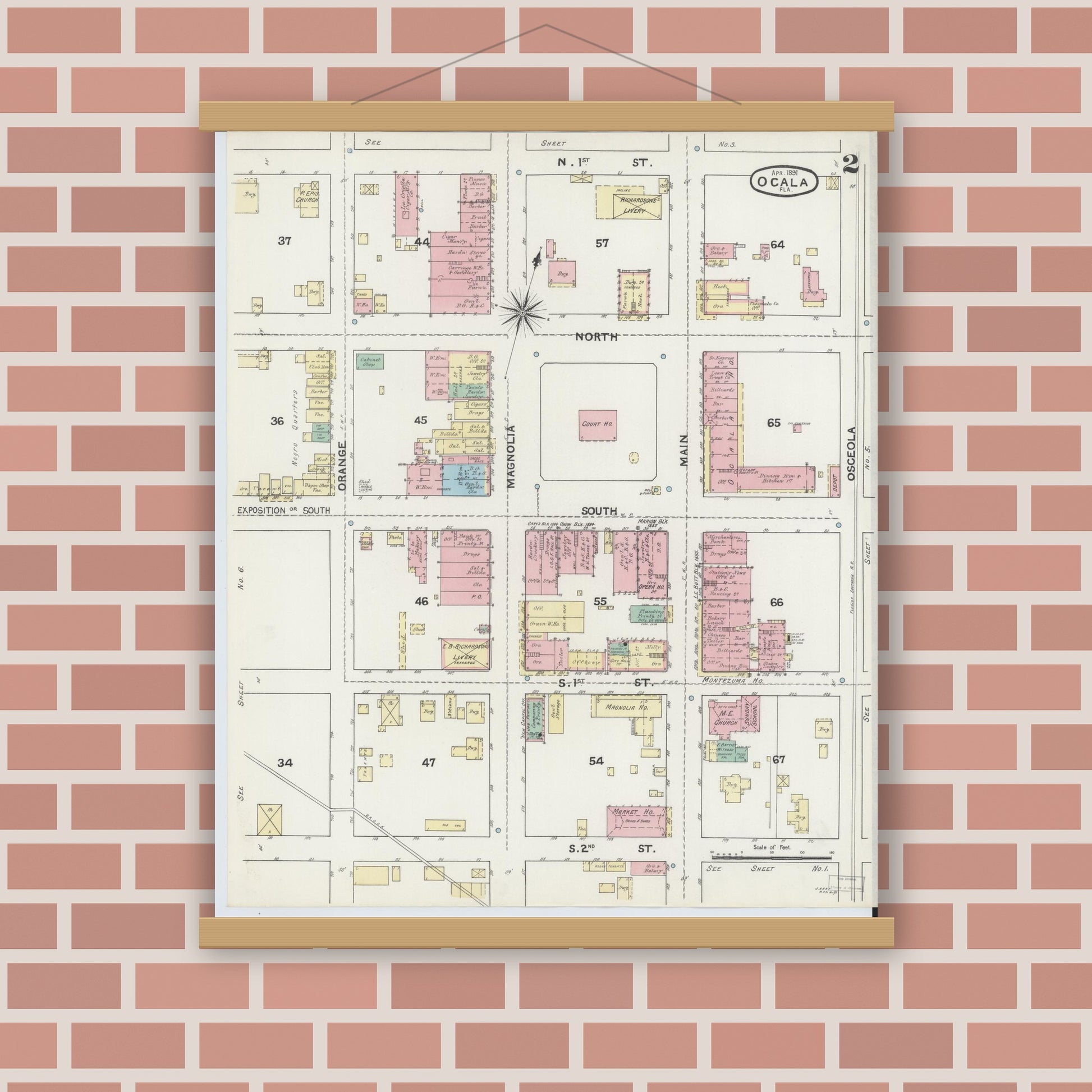 Old map wall art mockup — magnetic wood frame on brick wall — Sanborn Fire Insurance Map from Ocala, Marion County, Florida (1891), Sheet #0002