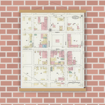 Old map wall art mockup — magnetic wood frame on brick wall — Sanborn Fire Insurance Map from Ocala, Marion County, Florida (1891), Sheet #0002