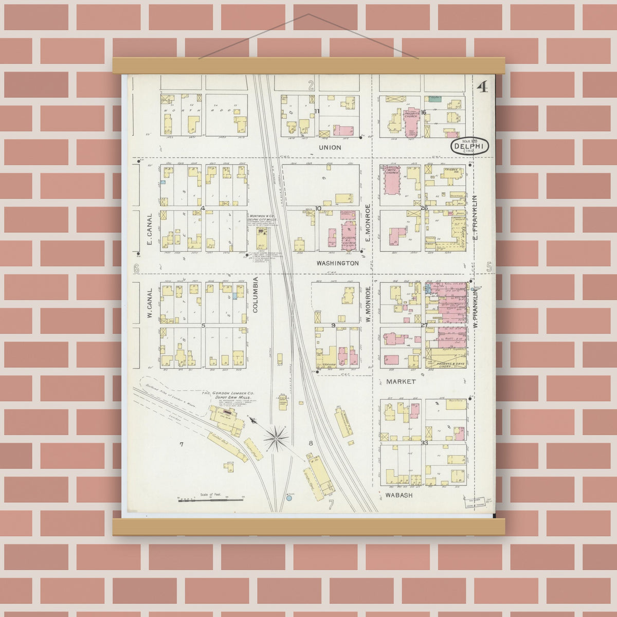 Old map wall art mockup — magnetic wood frame on brick wall — Sanborn Fire Insurance Map from Delphi, Carroll County, Indiana (1893), Sheet #0004