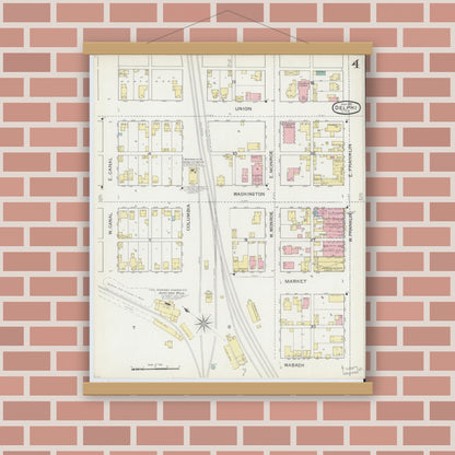 Old map wall art mockup — magnetic wood frame on brick wall — Sanborn Fire Insurance Map from Delphi, Carroll County, Indiana (1893), Sheet #0004