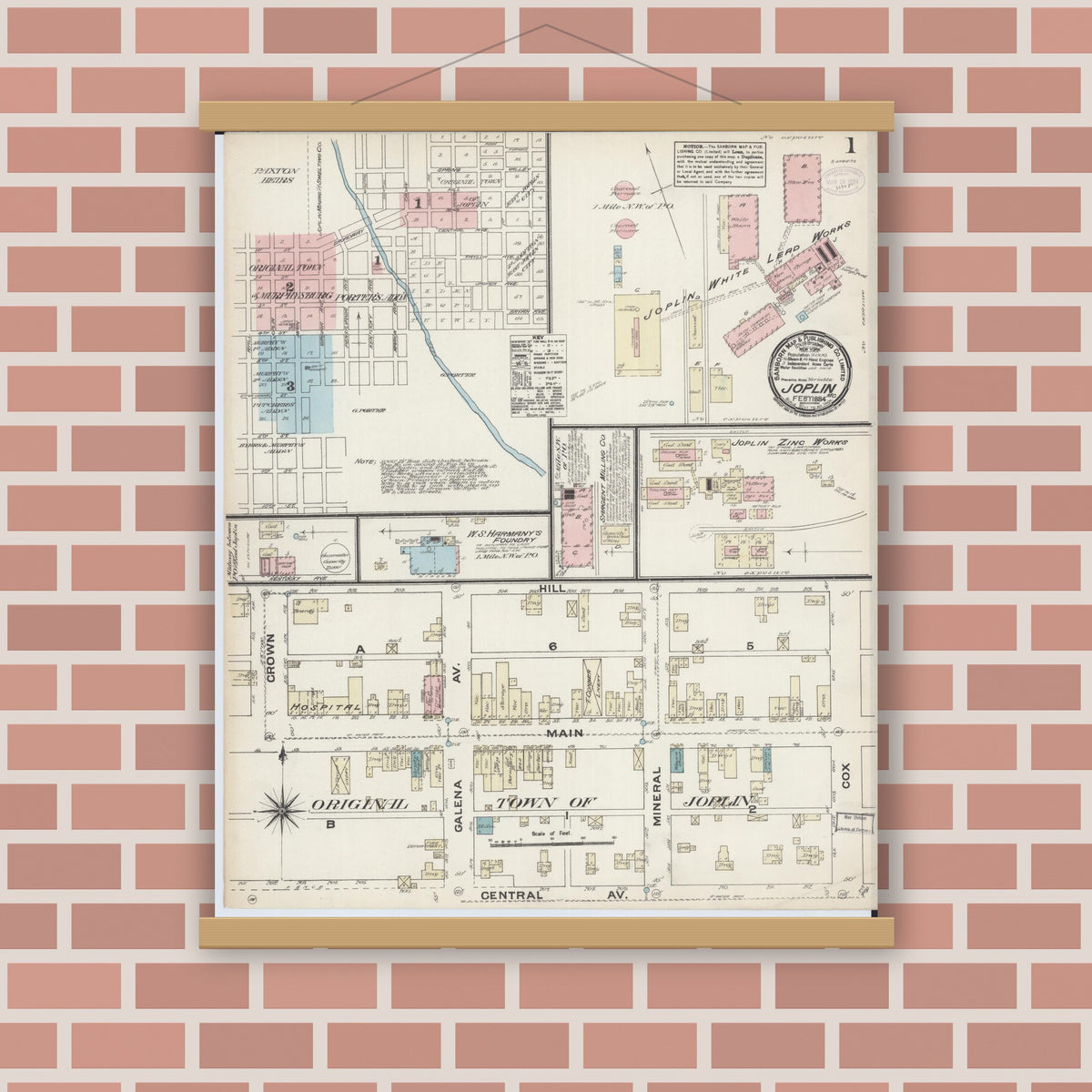 Old map wall art mockup — magnetic wood frame on brick wall — Sanborn Fire Insurance Map from Joplin, Jasper County, Missouri (1884), Sheet #0001