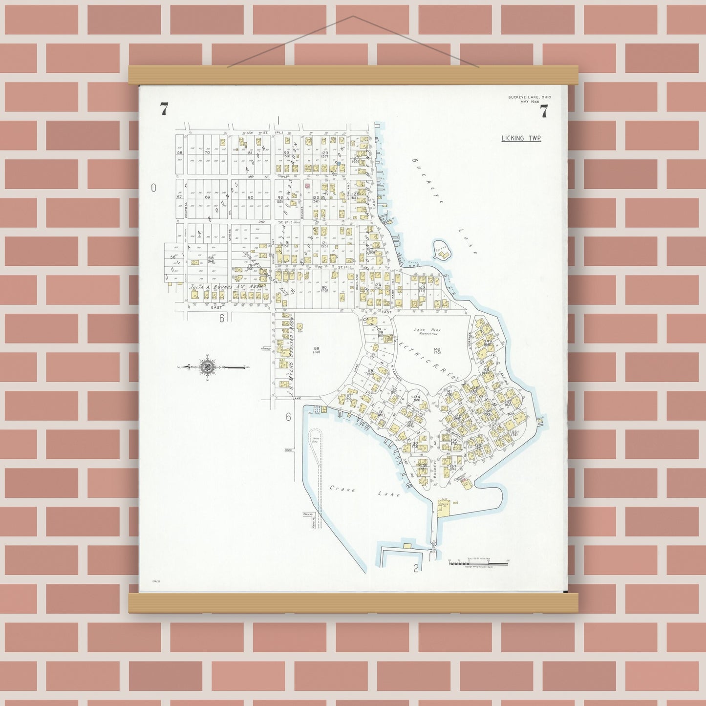 Old map wall art mockup — magnetic wood frame on brick wall — Sanborn Fire Insurance Map from Buckeye Lake, Licking County, Ohio (1946), Sheet #0007